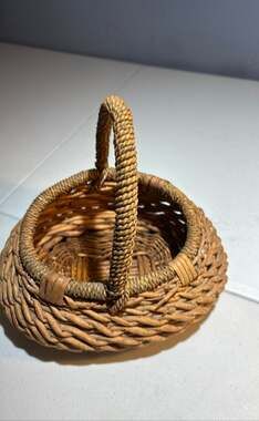 Vintage Handwoven Rattan Wicker Gathering Basket with Arched Handle